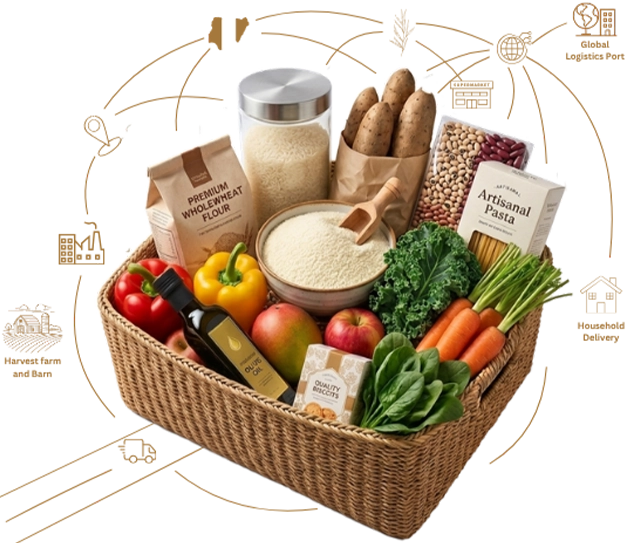Food supply company in Nigeria showing a premium food basket with rice, beans, yam, and vegetables representing reliable and structured food delivery by Agromeal
